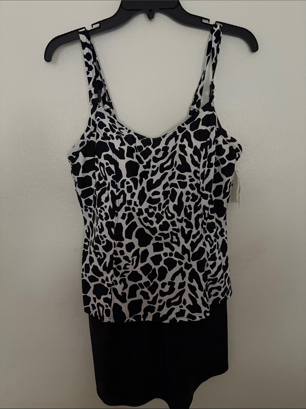 Black & White Animal Print Top with solid black skirt bottom swimsuit